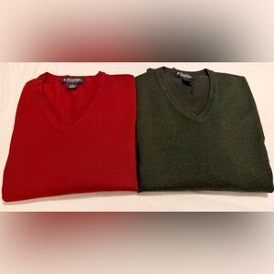 Bundle: Brooks Brothers Men’s L Merino Wool Blend V-Neck Sweaters Red and Green